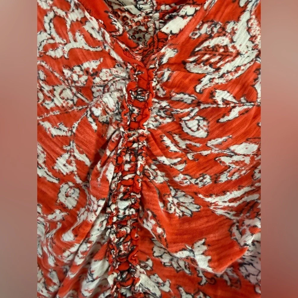 Ruched V-Neck Floral Long-Sleeve Top in Orange